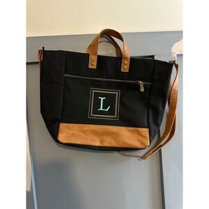 Thirty-One Black Canvas Monogram L Tote Bag Brown Trim Crossbody
